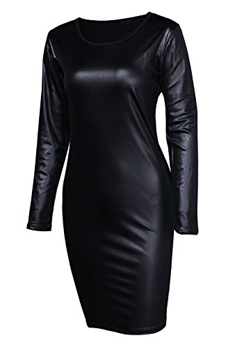 Women PU Leather Dress Black Short Sleeve Bodycon Pencil Skew Club Outfit  Dress 