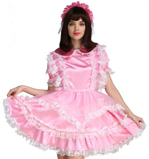 Forced Sissy Maid Pink Lockable Shiny Satin Lockable Dress Crossdressing Vlr Eng Br