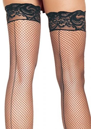 Crossdresser Fishnet Thigh High Stockings With Back Seam And Silicone Lace Top By Leg Avenue