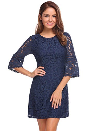 Womens 3/4 Flare Sleeve Floral Lace A-line Cocktail Party Dress (8 ...