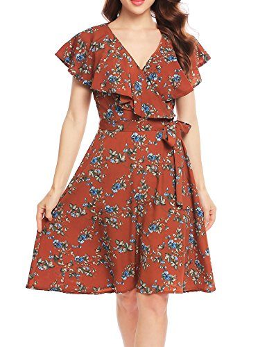 Womens Short Sleeve A-Line Ruffle Floral Belted Wrap Flare Dress (3 ...